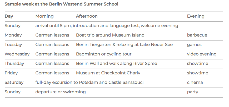 GLS Berlino West End, corso junior di tedesco, calendario attività settimanali